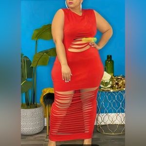 Women's Red Sleeveless Cut Out Round Neck Ripped Maxi Dress Size Plus